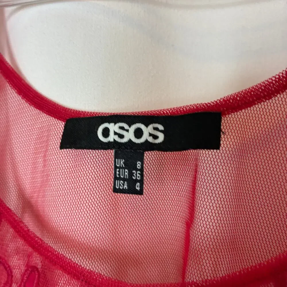 ASOS Bright Red Sheer Embroidered Tank Top 100% Polyester Womens 4